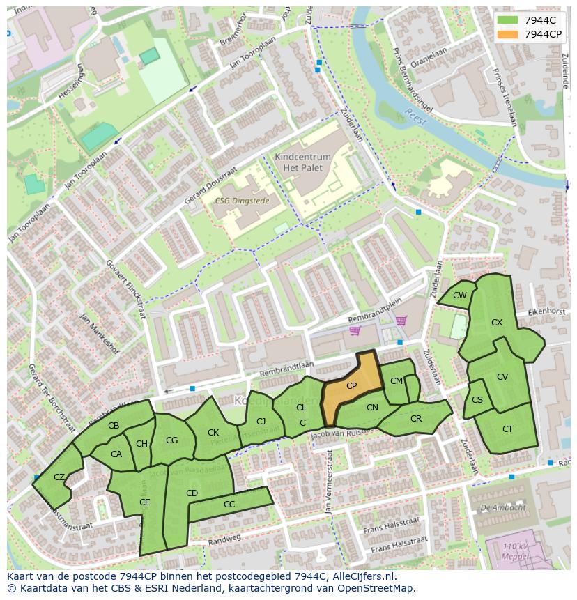 Afbeelding van het postcodegebied 7944 CP op de kaart.