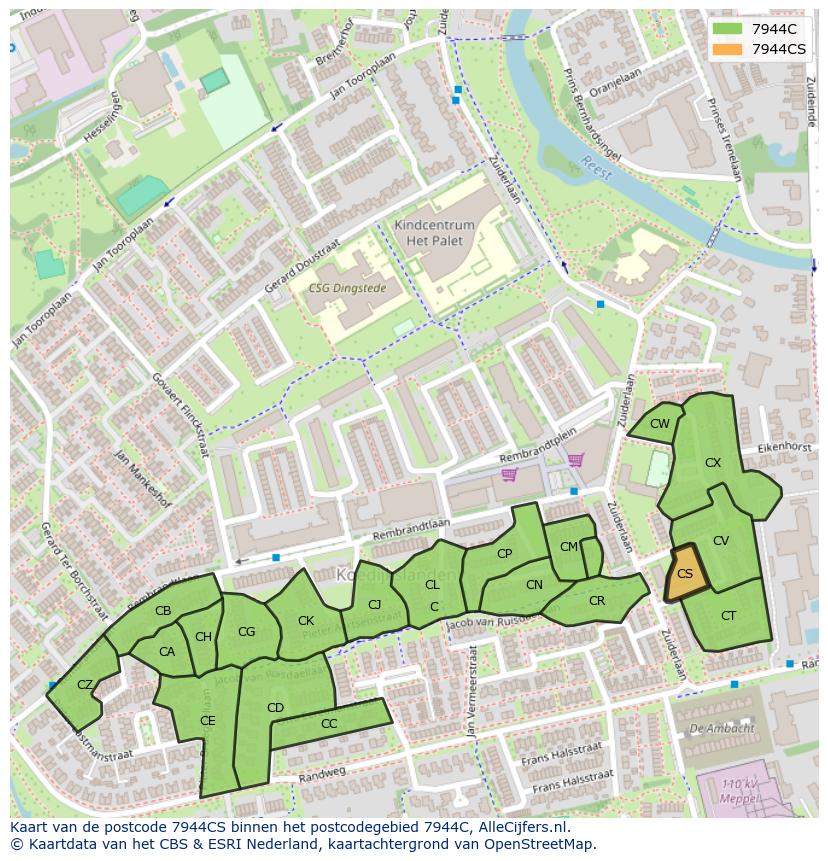 Afbeelding van het postcodegebied 7944 CS op de kaart.