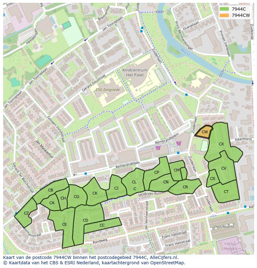 Afbeelding van het postcodegebied 7944 CW op de kaart.