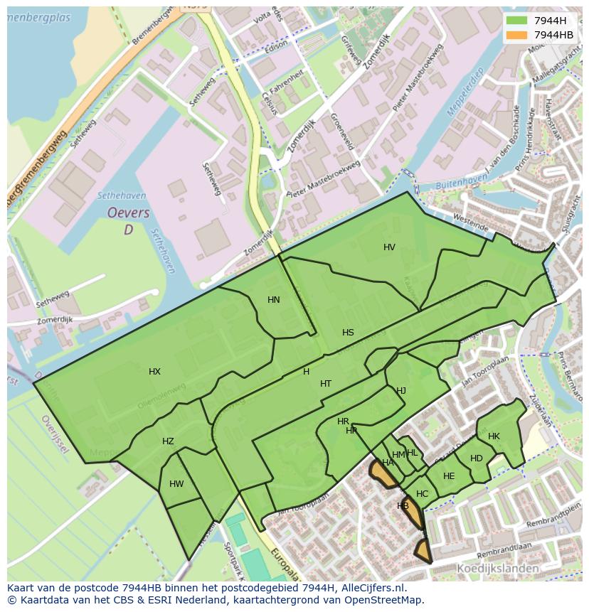 Afbeelding van het postcodegebied 7944 HB op de kaart.