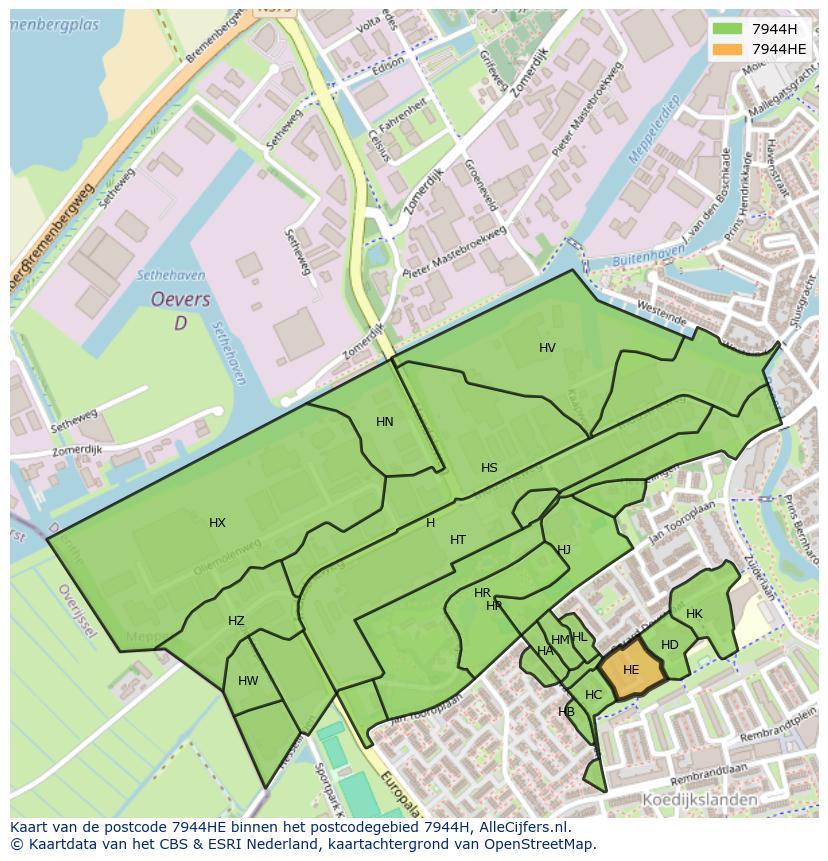 Afbeelding van het postcodegebied 7944 HE op de kaart.