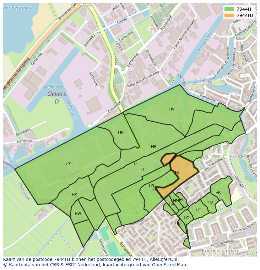 Afbeelding van het postcodegebied 7944 HJ op de kaart.