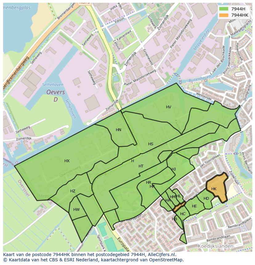 Afbeelding van het postcodegebied 7944 HK op de kaart.
