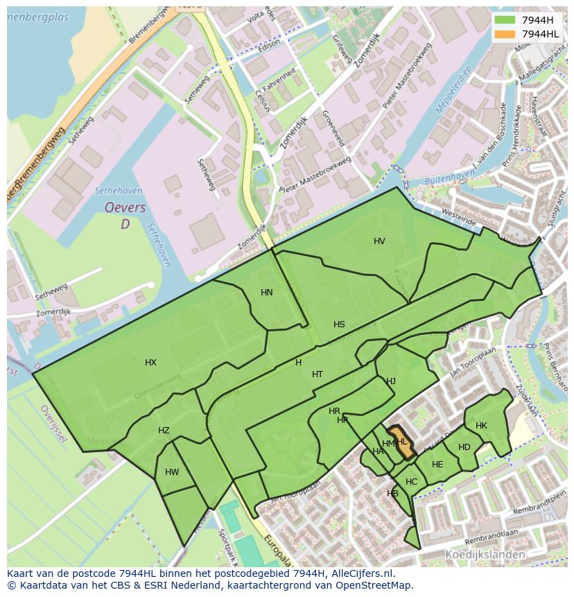 Afbeelding van het postcodegebied 7944 HL op de kaart.