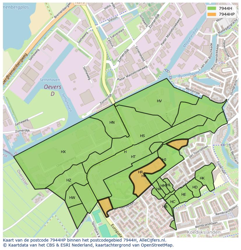 Afbeelding van het postcodegebied 7944 HP op de kaart.