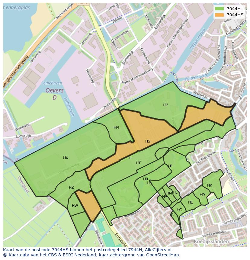 Afbeelding van het postcodegebied 7944 HS op de kaart.