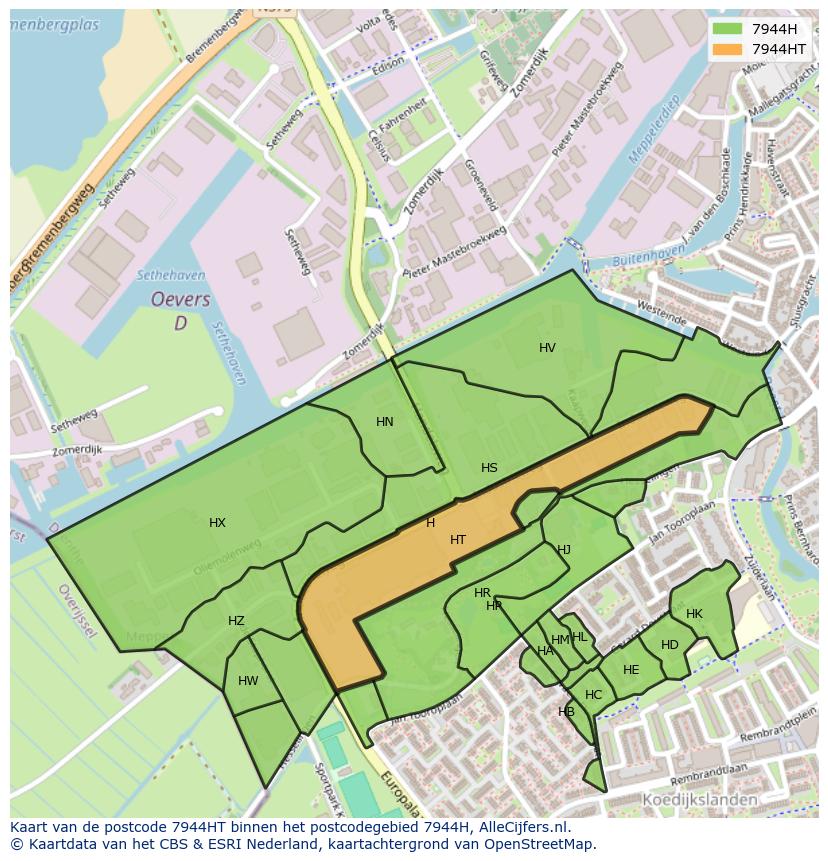 Afbeelding van het postcodegebied 7944 HT op de kaart.