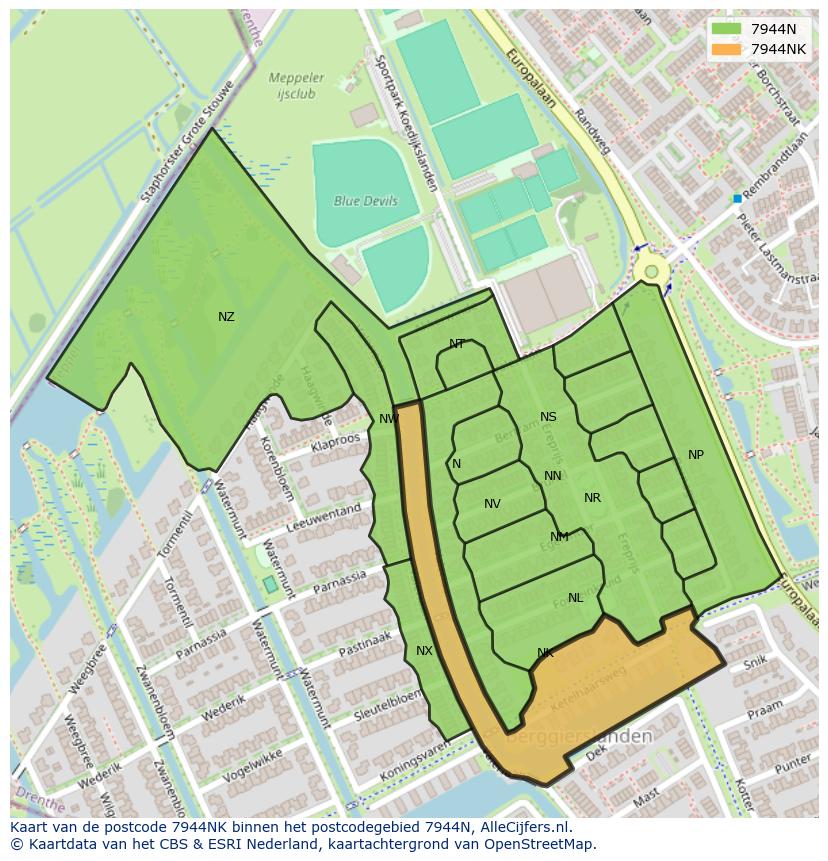 Afbeelding van het postcodegebied 7944 NK op de kaart.