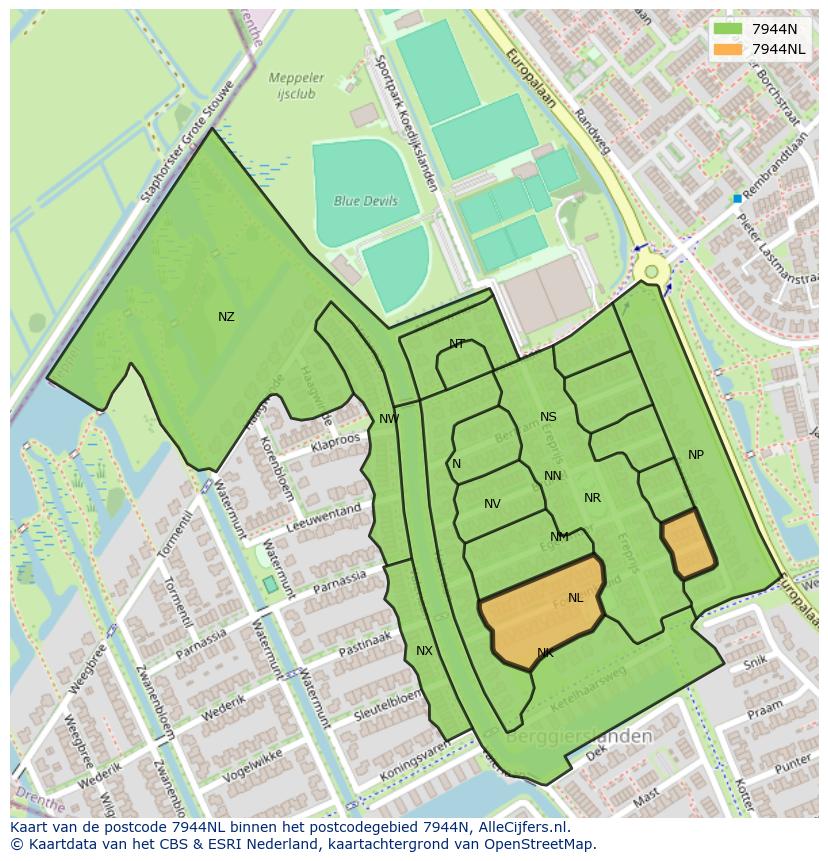 Afbeelding van het postcodegebied 7944 NL op de kaart.