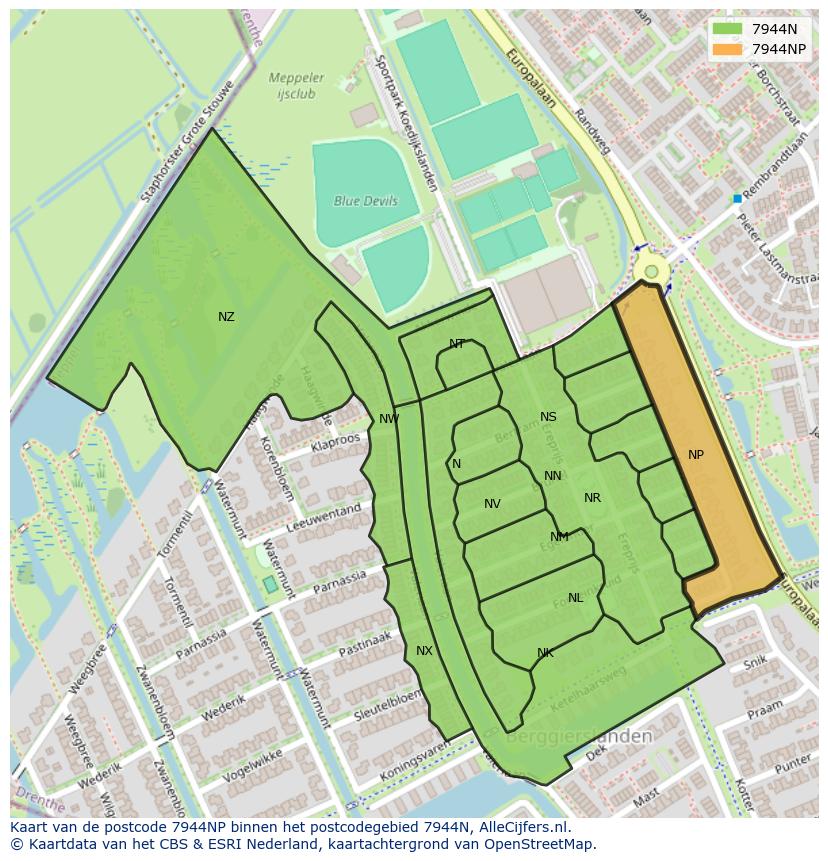 Afbeelding van het postcodegebied 7944 NP op de kaart.
