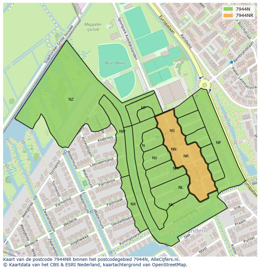 Afbeelding van het postcodegebied 7944 NR op de kaart.