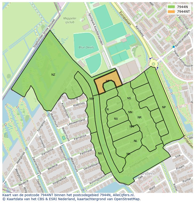 Afbeelding van het postcodegebied 7944 NT op de kaart.