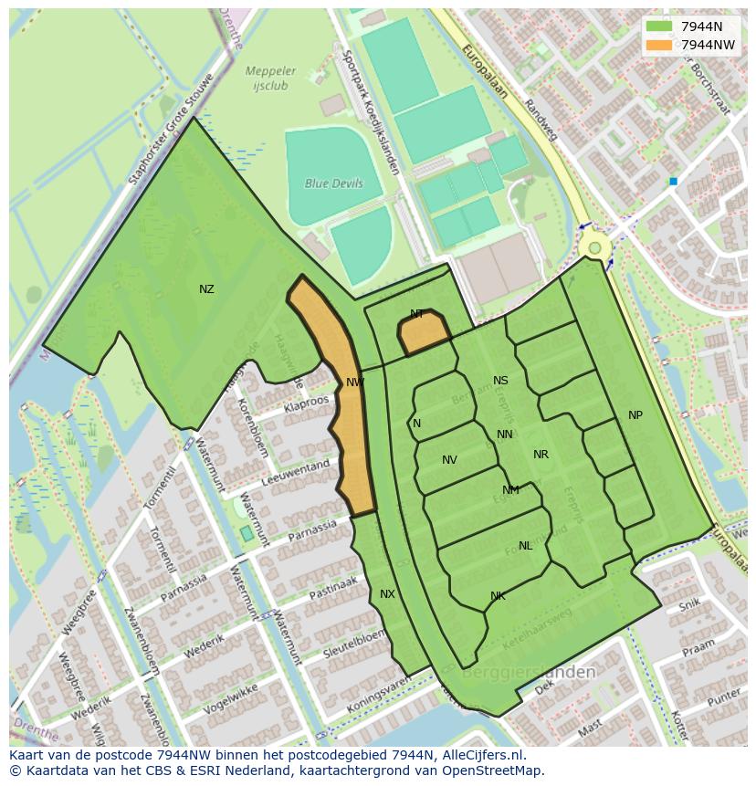 Afbeelding van het postcodegebied 7944 NW op de kaart.
