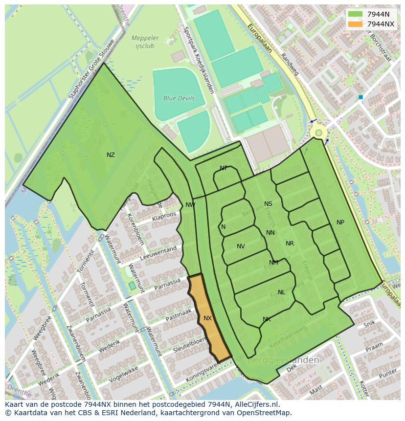 Afbeelding van het postcodegebied 7944 NX op de kaart.