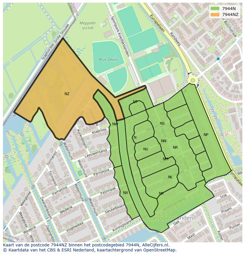 Afbeelding van het postcodegebied 7944 NZ op de kaart.