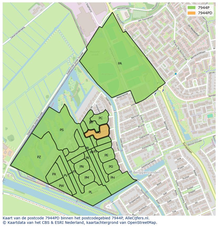Afbeelding van het postcodegebied 7944 PD op de kaart.
