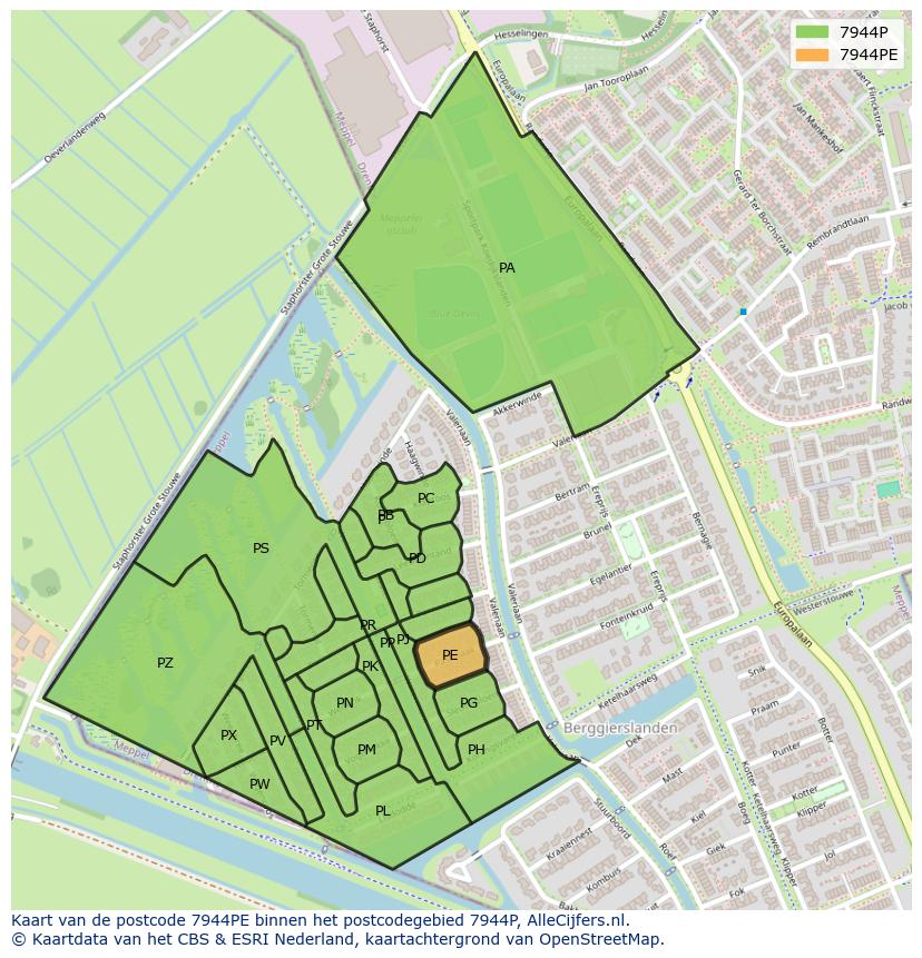 Afbeelding van het postcodegebied 7944 PE op de kaart.