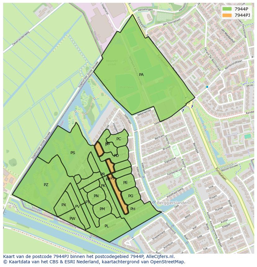 Afbeelding van het postcodegebied 7944 PJ op de kaart.