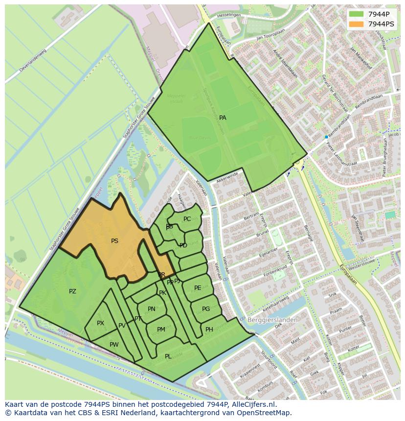 Afbeelding van het postcodegebied 7944 PS op de kaart.