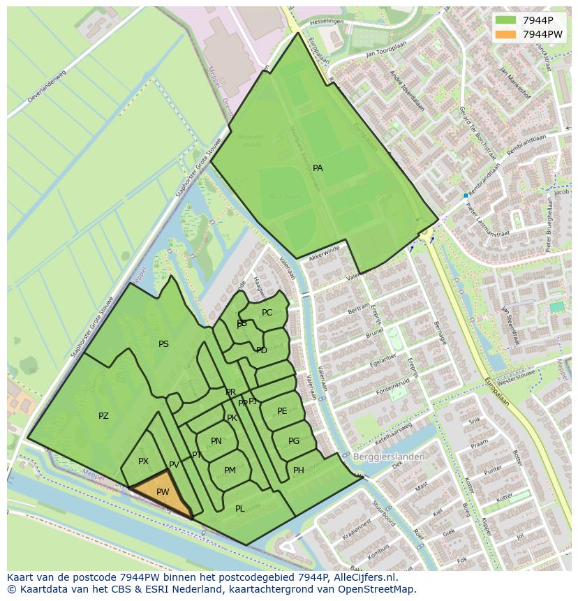 Afbeelding van het postcodegebied 7944 PW op de kaart.