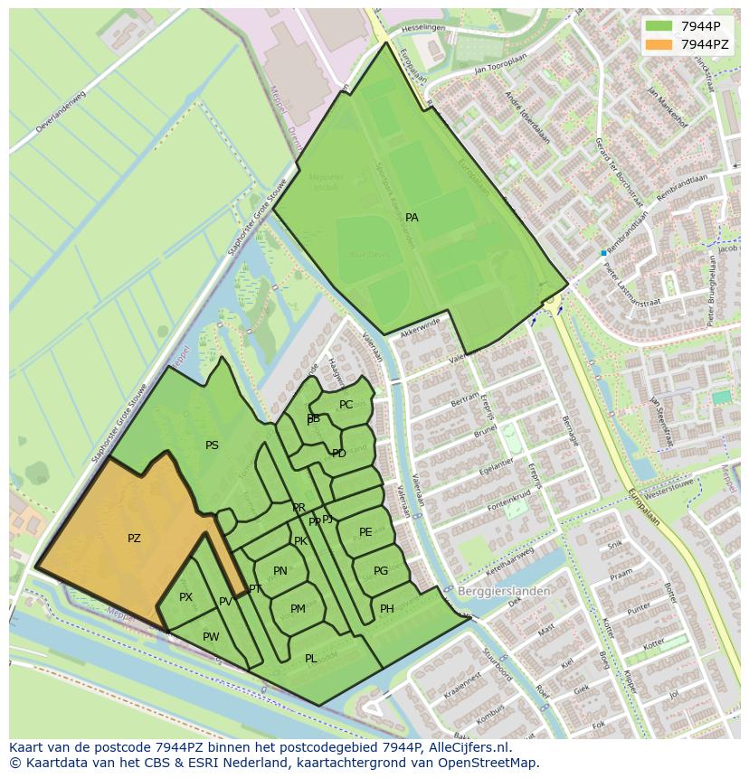 Afbeelding van het postcodegebied 7944 PZ op de kaart.