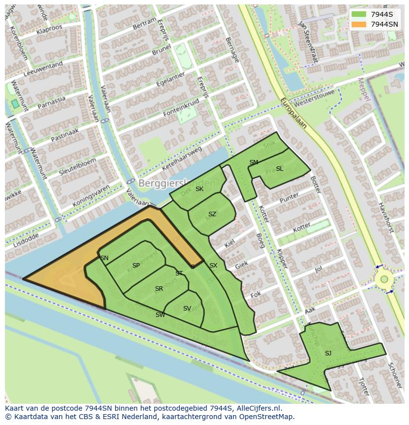 Afbeelding van het postcodegebied 7944 SN op de kaart.