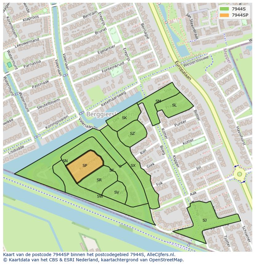 Afbeelding van het postcodegebied 7944 SP op de kaart.