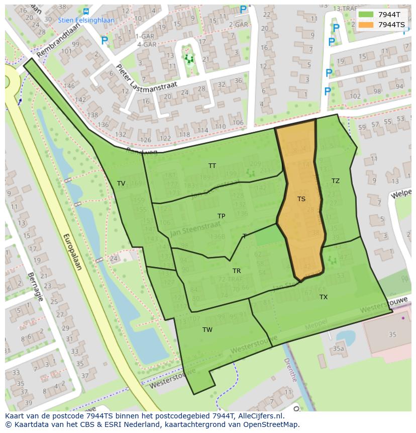 Afbeelding van het postcodegebied 7944 TS op de kaart.