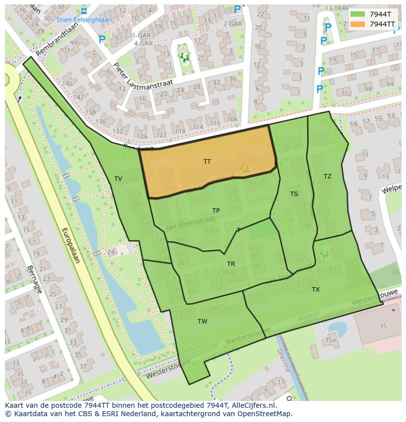 Afbeelding van het postcodegebied 7944 TT op de kaart.