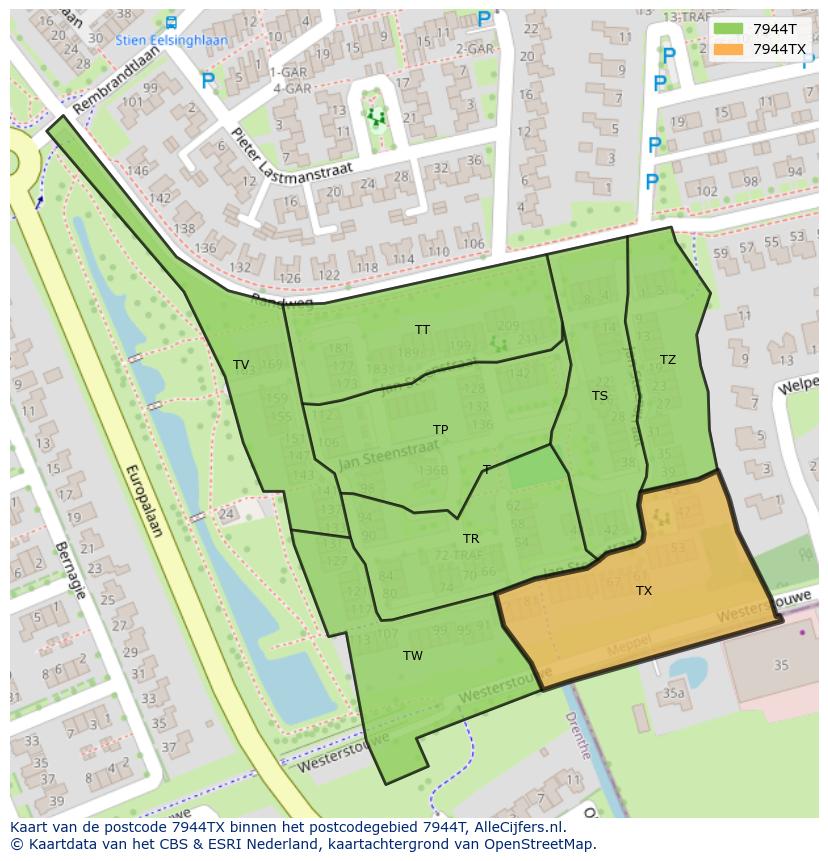 Afbeelding van het postcodegebied 7944 TX op de kaart.