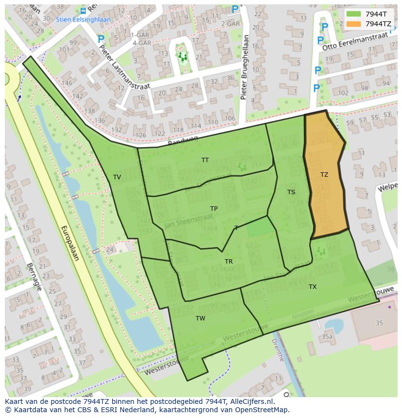 Afbeelding van het postcodegebied 7944 TZ op de kaart.