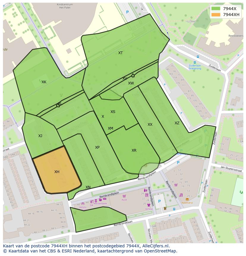 Afbeelding van het postcodegebied 7944 XH op de kaart.