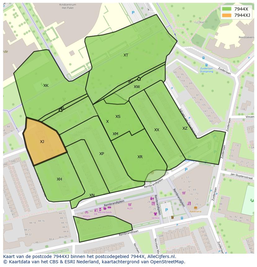 Afbeelding van het postcodegebied 7944 XJ op de kaart.