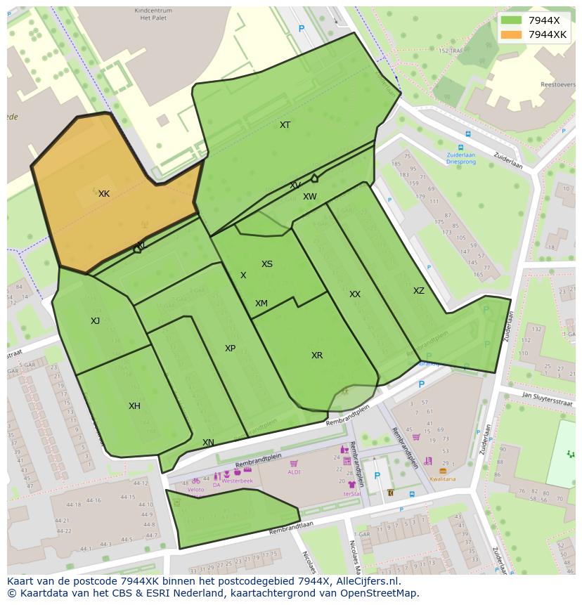 Afbeelding van het postcodegebied 7944 XK op de kaart.