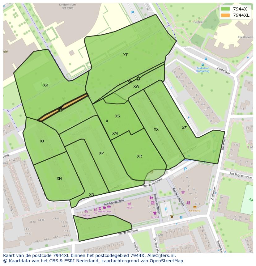 Afbeelding van het postcodegebied 7944 XL op de kaart.