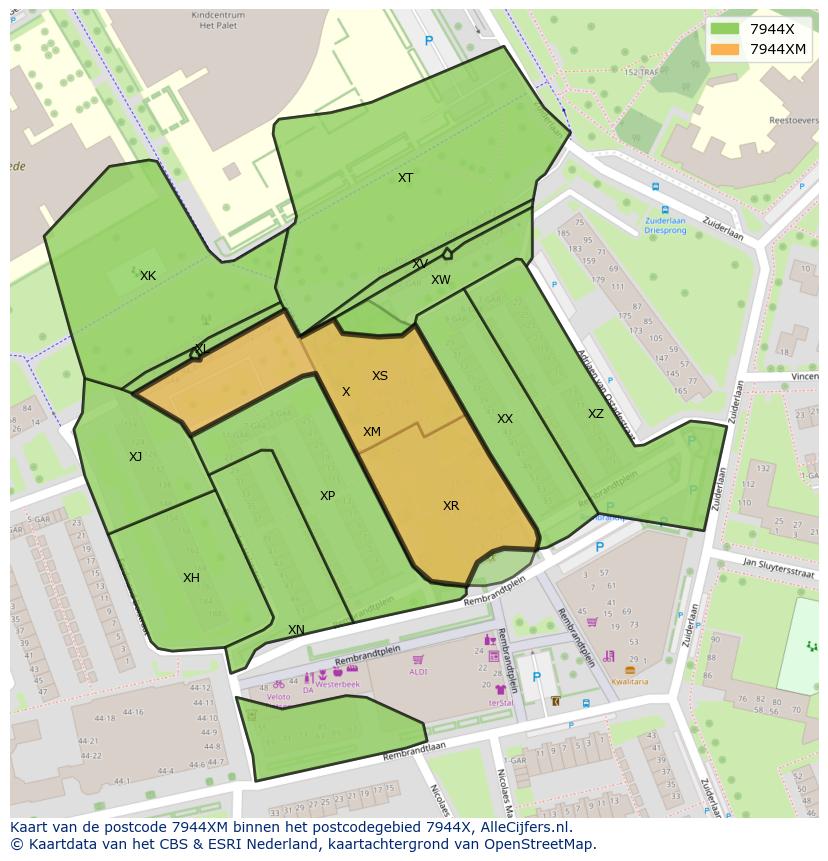 Afbeelding van het postcodegebied 7944 XM op de kaart.