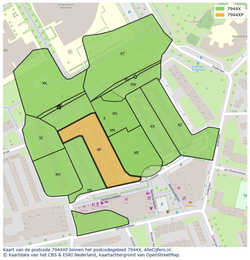 Afbeelding van het postcodegebied 7944 XP op de kaart.