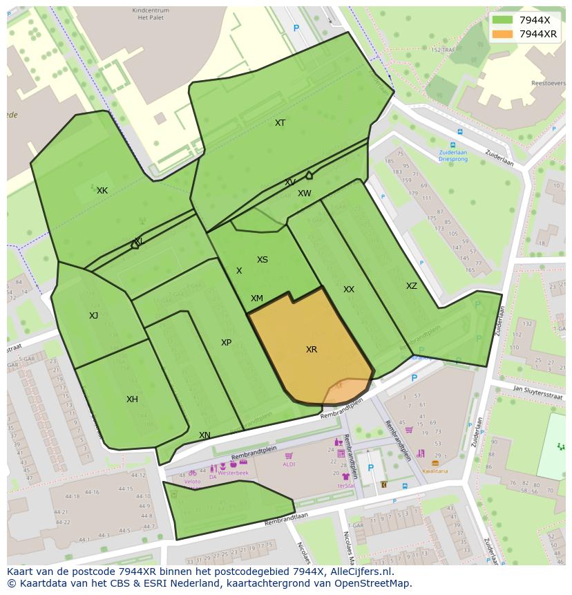 Afbeelding van het postcodegebied 7944 XR op de kaart.