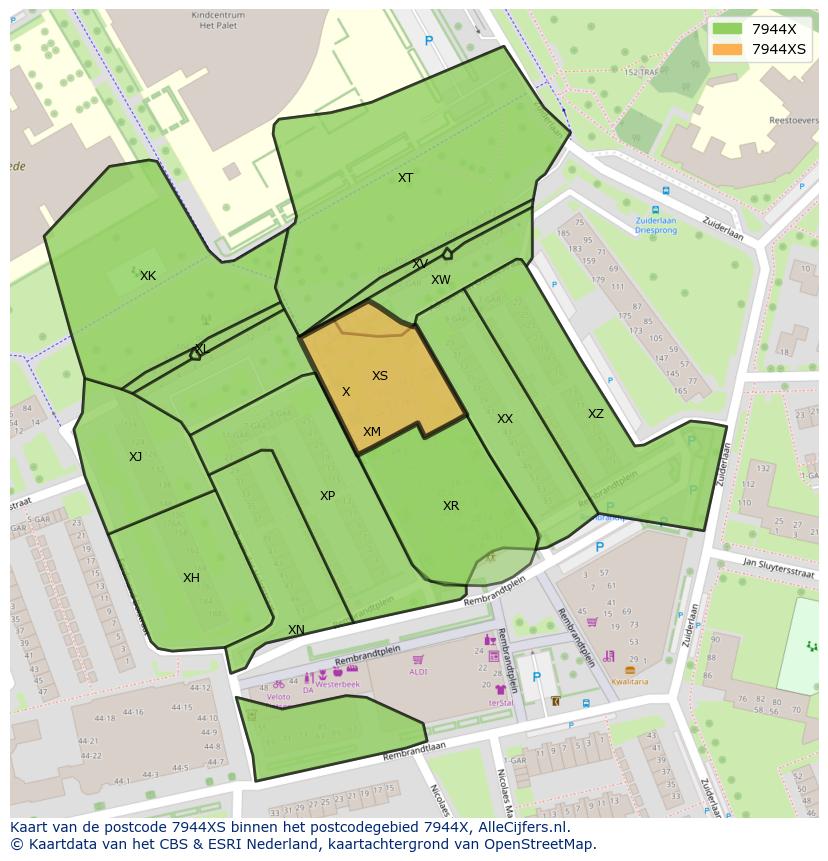 Afbeelding van het postcodegebied 7944 XS op de kaart.