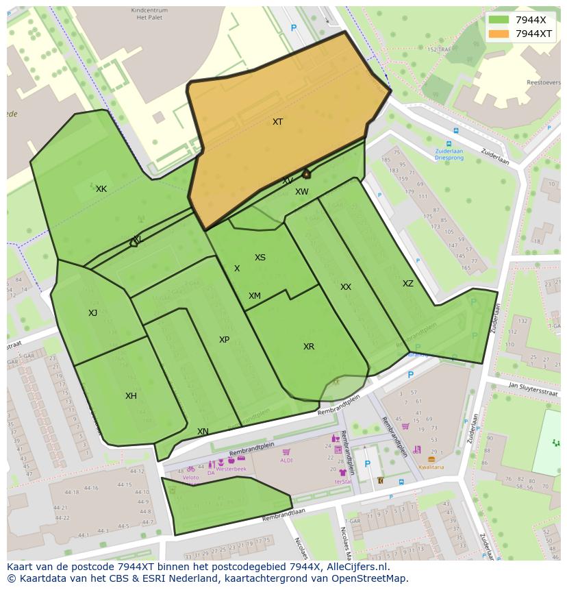 Afbeelding van het postcodegebied 7944 XT op de kaart.