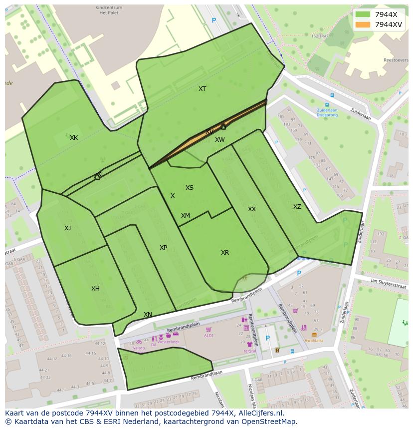 Afbeelding van het postcodegebied 7944 XV op de kaart.