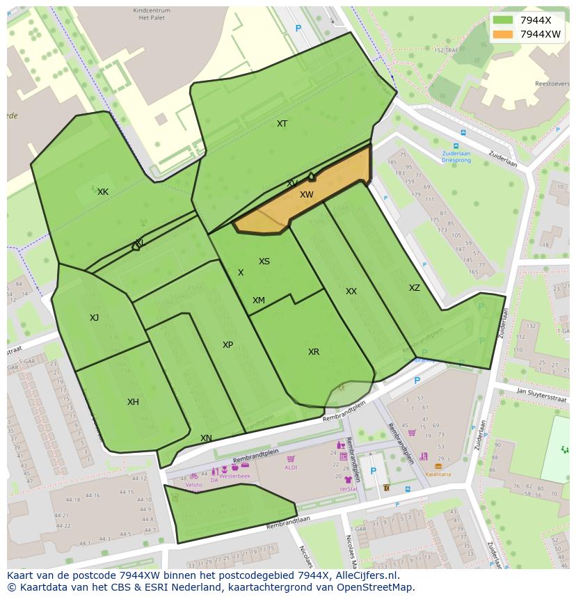 Afbeelding van het postcodegebied 7944 XW op de kaart.