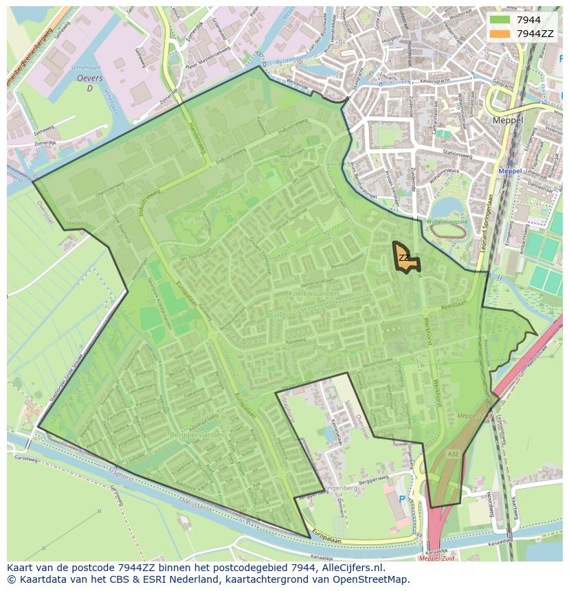 Afbeelding van het postcodegebied 7944 ZZ op de kaart.