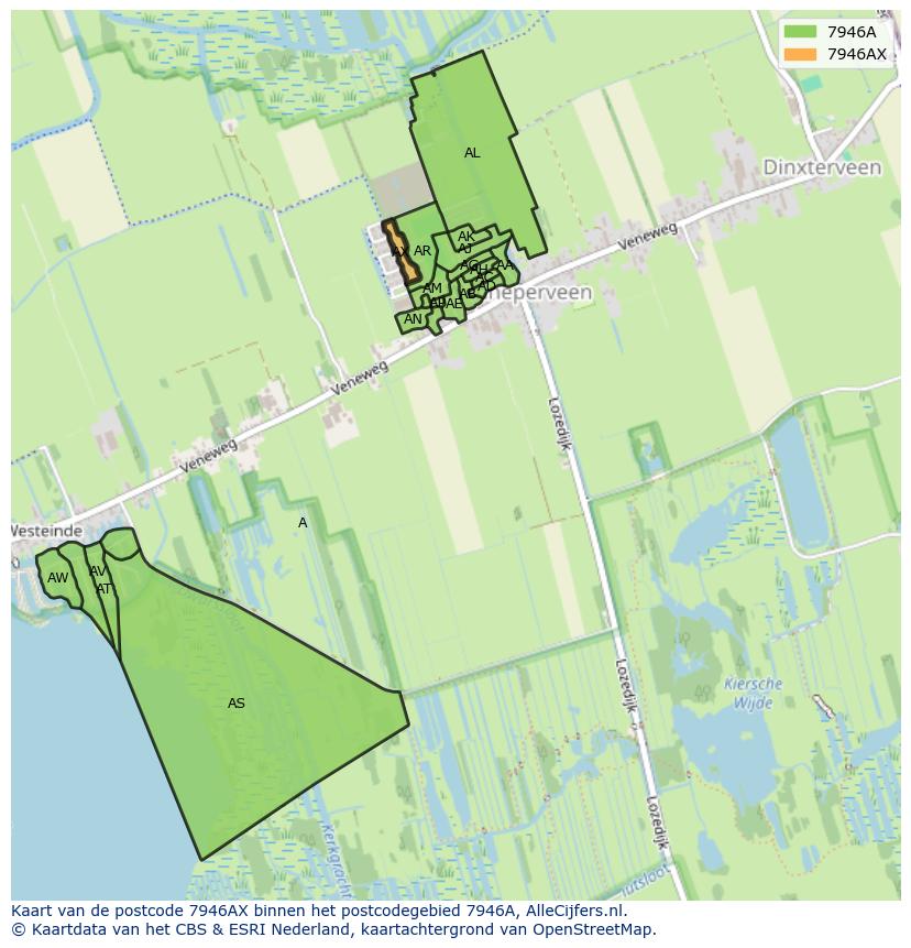 Afbeelding van het postcodegebied 7946 AX op de kaart.