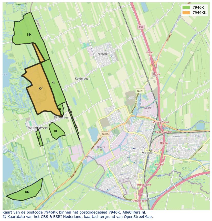 Afbeelding van het postcodegebied 7946 KK op de kaart.