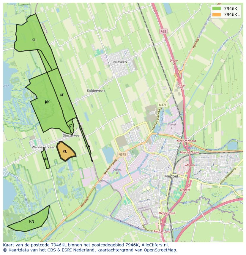 Afbeelding van het postcodegebied 7946 KL op de kaart.