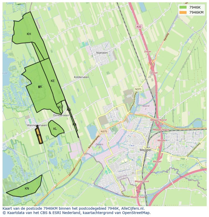 Afbeelding van het postcodegebied 7946 KM op de kaart.
