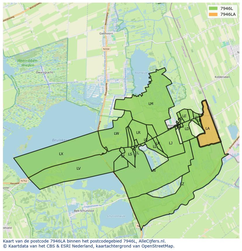 Afbeelding van het postcodegebied 7946 LA op de kaart.