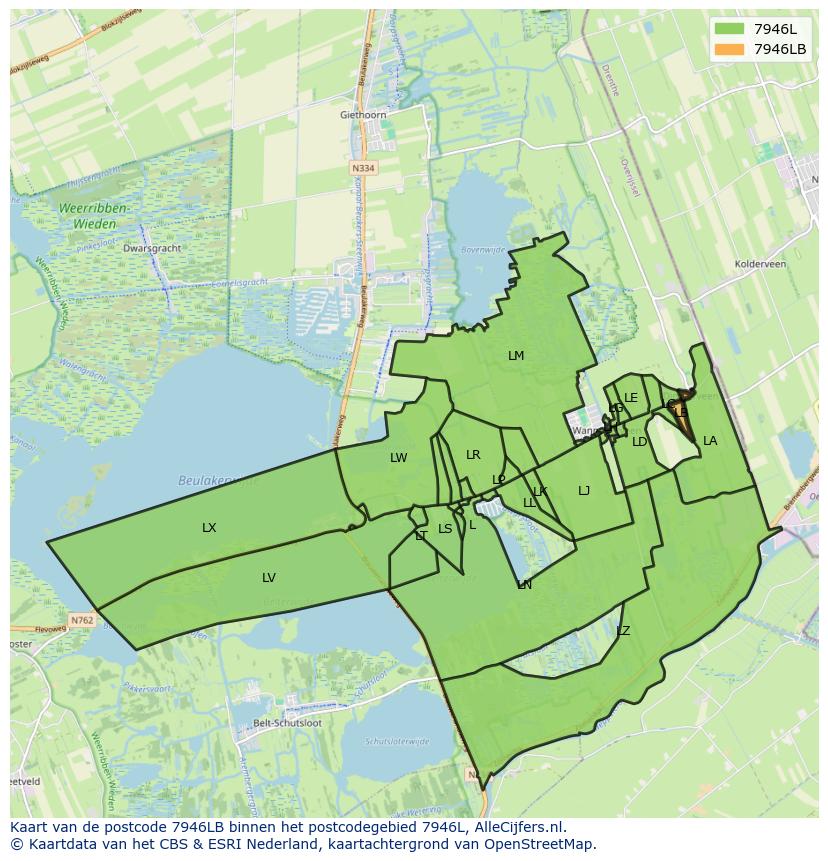 Afbeelding van het postcodegebied 7946 LB op de kaart.