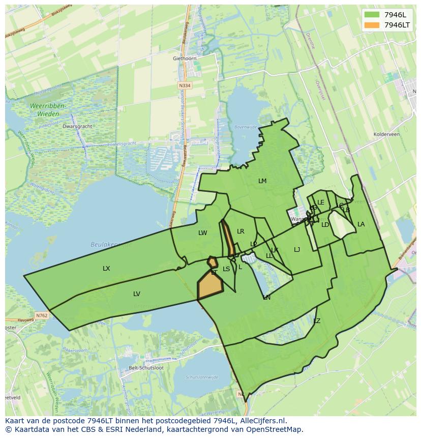 Afbeelding van het postcodegebied 7946 LT op de kaart.